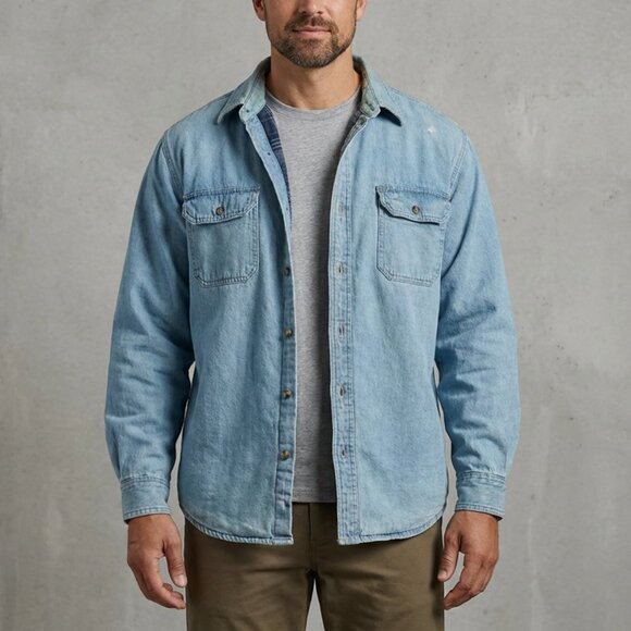 Men's vintage fleece lined denim jacket shirt - Picture 9 of 15